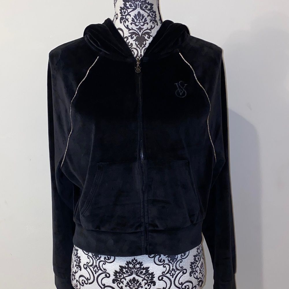 Victoria's Secret Black Velour Lounge Cropped Hoodie Size Small